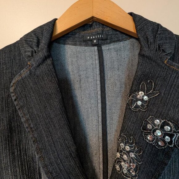 2/$35+$9.99ShipPanitti Fitted Stretch Sequin Deep Denim Blue Embroidered Jacket - Picture 8 of 12